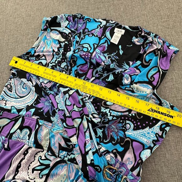 Cache Ruched Wrap Dress Sz 14 Knee Length Purple Blue Black Floral Paisley - Picture 6 of 10